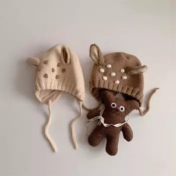 Осенне-зимняя милая детская кепка с оленем, корейская версия, детская теплая шерстяная шапка с защитой ушей в мультяшной форме коричневый