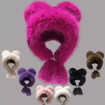 Осенне-зимняя милая и симпатичная плюшевая шапка с медвежьими ушками женская дорожная теплая большая окружность головы ремешки защита ушей шапка-ушанка M56-58cm барби розовый