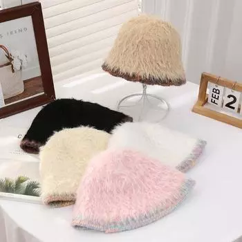 Осенне-зимняя милая однотонная шляпа-ведро в корейском стиле, плюшевая вязаная шерстяная шапка, теплая маленькая шапочка с изображением лица для девочек чёрный