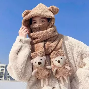 Осенне-зимняя милая шапка-медведь, шарф, перчатки, интегрированная трехкомпонентная маска, теплая ветрозащитная защита ушей, плюшевая шапка для женщин