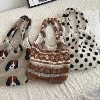 Осенне-зимняя милая собачка большая вместительная плюшевая ретро сетчатая сумка через плечо жилет сумка универсальная сумка