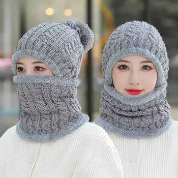 Осенне-зимняя многофункциональная шапка, шарф, цельная защита ушей, теплая вязаная шапка, женская, двухслойная, плюшевая, Fried Dough Twists, шерстяная шапка One size бежевый