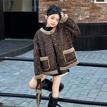 Осенне-зимняя мода для девочек Пальто с флисовой подкладкой, утолщенное пальто 120cm леопардовый