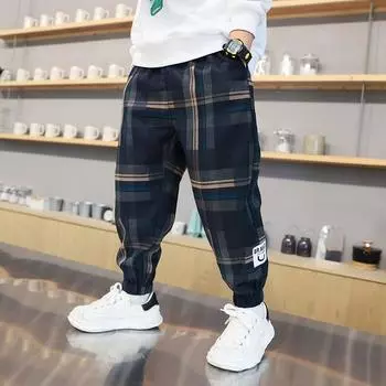 Осенне-зимняя мода для мальчиков, клетчатые брюки, детские повседневные свободные брюки из бархата, теплые брюки, спортивные брюки, брюки для молодежи и детей 160