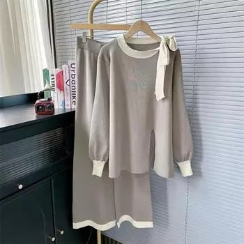 Осенне-зимняя мода, комплект из двух предметов, трикотажный костюм с круглым вырезом и рукавами-фонариками, женские повседневные брюки с высокой талией One size дубильная кора