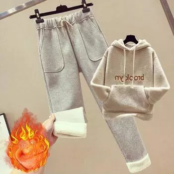 Осенне-зимняя мода костюм-двойка женский плюс бархатные утолщенные шерстяные брюки свободный костюм-свитер из искусственной овечьей шерсти XXXL