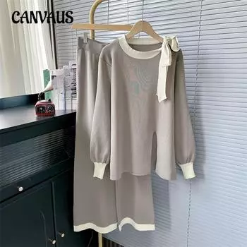 Осенне-зимняя мода круглый вырез галстук фонарь рукав трикотажный костюм женский высокая талия повседневные брюки костюм One Size чёрный