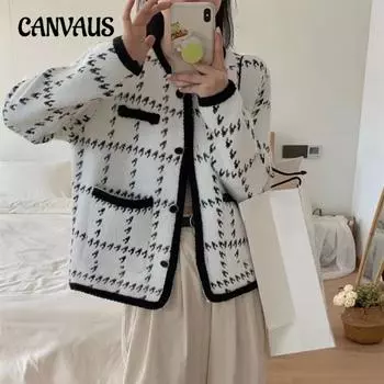 Осенне-зимняя мода круглый вырез карманы длинный рукав свободный твидовый женский кардиган куртка One Size белый