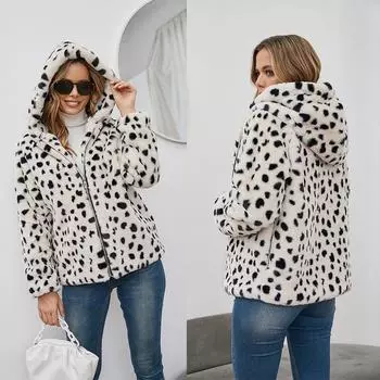 Осенне-зимняя мода леопардовый принт искусственный мех пальто свободный капюшон овечья шерсть искусственный мех пальто оптом S