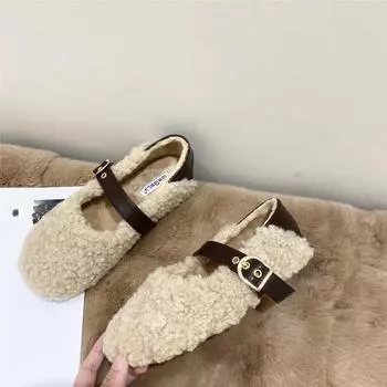 Осенне-зимняя мода на мех ягненка, женские туфли Мэри Джейн на меху, женские балетки, туфли на плоской подошве, мягкие туфли для отдыха на природе, бабушкины туфли 40 бежевый