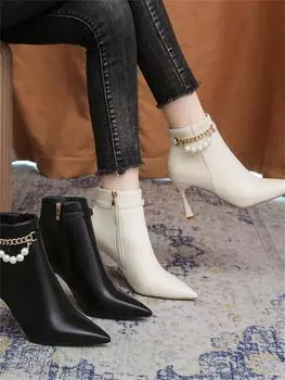 Осенне-зимняя мода, новые сексуальные, с боковой молнией, на шпильке, теплые, с бархатным бисером, острым носком, удобные женские короткие сапоги 35