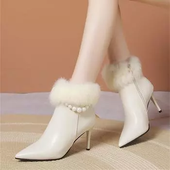 Осенне-зимняя мода, новые сексуальные сапоги с боковой молнией и бархатным острым носком на шпильке, теплые и удобные женские сапоги 34 бежевый