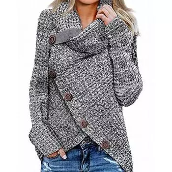 Осенне-зимняя мода, новый свитер с высоким воротником и длинным рукавом, нерегулярные пять косых пуговиц, трикотаж 4XL белый