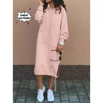 Осенне-зимняя мода, новый женский свитер-халат с большим капюшоном, элегантный карман с разрезом, теплое длинное платье с капюшоном S чёрный