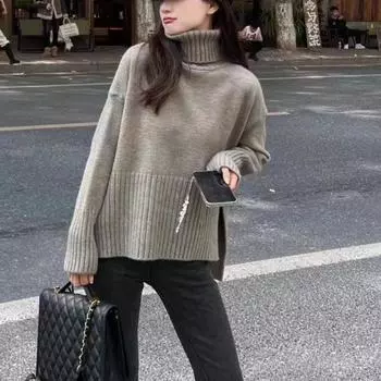 Осенне-зимняя мода, новый женский свитер с высоким воротом и длинными рукавами, свободный вязаный топ в стиле вестерн для женщин One size серый