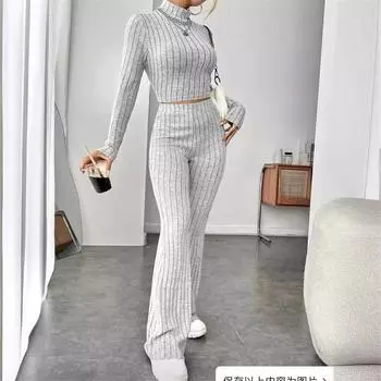 Осенне-зимняя мода, однотонная трикотажная рубашка с длинным рукавом и высоким воротом, комплект из широких брюк с высокой талией L чёрный