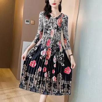 Осенне-зимняя мода плиссированные трикотажные женские винтажные платья с принтом эластичное цветочное платье L