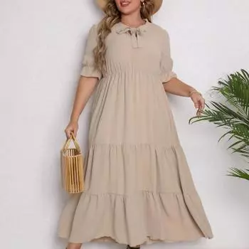 Осенне-зимняя мода плюс размер 5xl женское платье макси однотонное бежевое красное вечернее платье с бантом XL красный