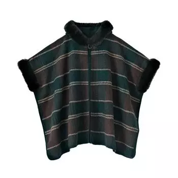 Осенне-зимняя мода полосатая накидка шаль женская с капюшоном меховой воротник свободный кожаный кардиган с пряжкой пальто One Size темно-зеленого