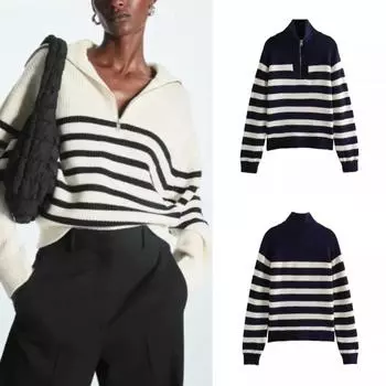 Осенне-зимняя мода полосатый свободный повседневный вязаный свитер с застежкой-молнией и длинным рукавом для женщин S чёрный