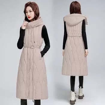 Осенне-зимняя мода пуховый жилет из хлопка женская верхняя одежда тренд длинный жилет до колена свободное пальто L чёрный