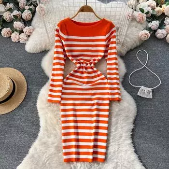 Осенне-зимняя мода, разноцветное платье с одним воротником в полоску и длинными рукавами, свитер с бедрами, трикотажное платье