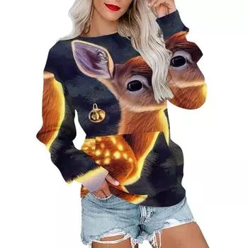 Осенне-зимняя мода Рождественская серия Рождественская елка Лося Печатный карман Круглый вырез Толстовка с капюшоном S