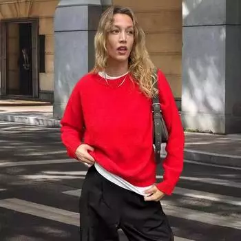 Осенне-зимняя мода с длинным рукавом и круглым вырезом, розовый свободный повседневный пуловер с длинным рукавом L розовый