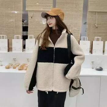 Осенне-зимняя мода с длинным рукавом и воротником-стойкой, женская одежда с цветными блоками, корейские теплые универсальные трендовые топы на молнии L чёрный