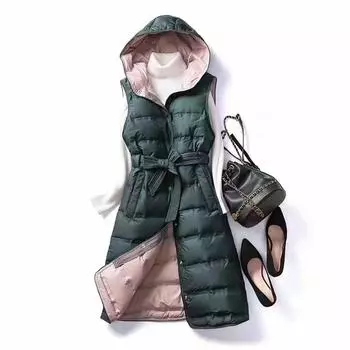 Осенне-зимняя мода с капюшоном из прессованной резины средней и длинной длины, однобортный жилет из белого утиного пуха, жилет из белого утиного пуха S чёрный