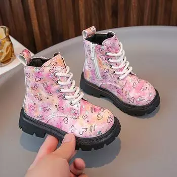 Осенне-зимняя мода с принтом в виде сердца для девочек, теплые повседневные ботинки Martin, обувь для девочек, зимние ботинки 21 серый