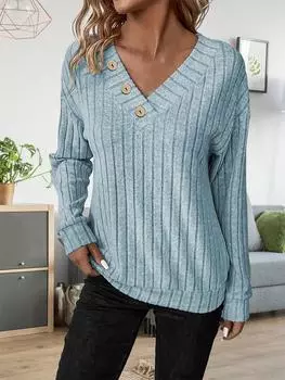 Осенне-зимняя мода с V-образным вырезом, свободная футболка на пуговицах, женская, с длинным рукавом, в полоску, удобные однотонные пуловеры S чёрный