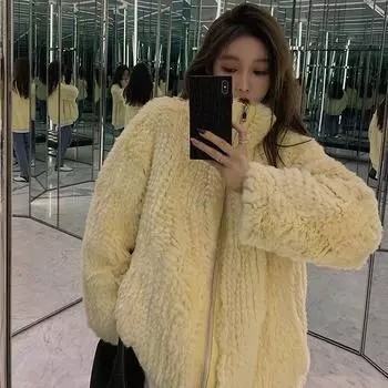 Осенне-зимняя мода тканое искусственное овечье пальто средней и длинной длины свободное искусственное меховое пальто из кролика Рекс для женщин S абрикосовый