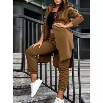 Осенне-зимняя мода: удлиненное пальто с капюшоном на молнии и повседневные брюки с манжетами, комплект из двух предметов для женщин, спортивные штаны XXL чёрный