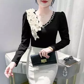 Осенне-зимняя мода в иностранном стиле, с V-образным вырезом, бисером, длинными рукавами, женская облегающая и тонкая нижняя часть рубашки, топ M