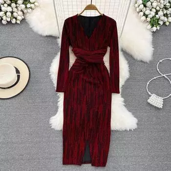 Осенне-зимняя мода в западном стиле для женщин с V-образным вырезом на талии и тонкой блестящей шелковой драпированной сумкой на бедрах