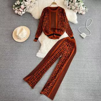 Осенне-зимняя мода, винтажный брендовый дизайнерский вязаный свитер с буквенным принтом, спортивный спортивный костюм, пуловер с круглым вырезом + брюки с эластичной резинкой на талии, комплект из двух предметов One Size коричневый