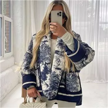 Осенне-зимняя мода женское хлопковое пальто с принтом и двойными карманами в европейском и американском стиле S чёрный