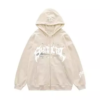 Осенне-зимняя модная американская ретро-куртка с принтом букв и звезд, толстовка с капюшоном, модная мужская свободная повседневная однотонная куртка большого размера M светло-серый