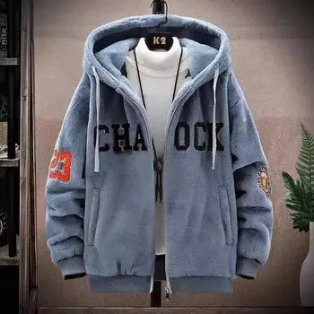 Осенне-зимняя модная бархатная утолщенная теплая вышитая толстовка мужская свободная на молнии куртка с капюшоном для пары повседневный стиль S белый