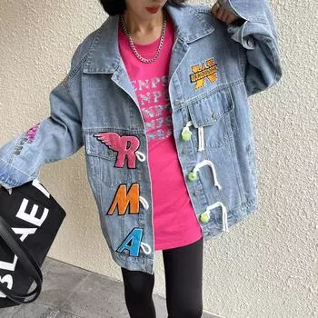 Осенне-зимняя модная джинсовая куртка большого размера для девочек с флокированными буквами, пальто, женское пальто с длинными рукавами для парней, джинсовая верхняя одежда для влюбленных пар L синий