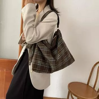 Осенне-зимняя модная клетчатая сумка через плечо, большая вместительная сумка для поездок на работу, холщовая сумка, школьная сумка 40*12*31 кофейный