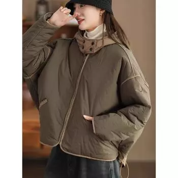 Осенне-зимняя модная куртка контрастного цвета с капюшоном, утепленная куртка женская с завязками на шнурке, свободная повседневная, из тонкого хлопка, теплое хлопковое пальто One size