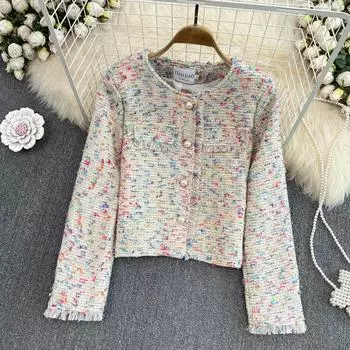 Осенне-зимняя модная милая твидовая куртка с принтом для девочек, женское пальто с длинными рукавами и кисточками, верхняя одежда M разноцветный