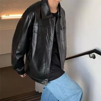 Осенне-зимняя модная мужская куртка, мотоциклетная одежда, универсальная кожаная куртка, пальто S чёрный