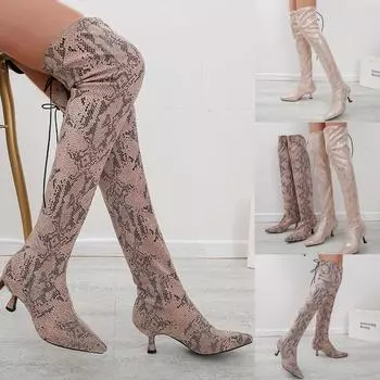 Осенне-зимняя модная новая женская обувь выше колена со змеиным принтом большого размера 43 бежевый