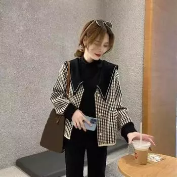 Осенне-зимняя модная повседневная новая короткая куртка с темно-синим воротником, женский кардиган с длинными рукавами и узором «гусиные лапки», топ с длинными рукавами One Size чёрный