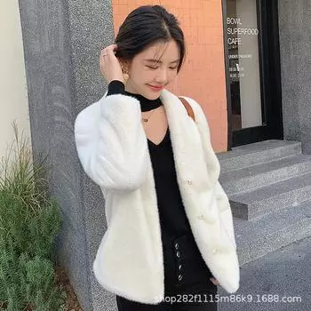 Осенне-зимняя модная шуба с V-образным вырезом и мехом средней и длинной длины, повседневная шуба из искусственной норки, плюшевая шуба из искусственного меха S (90-52.5 kg) слоновая кость