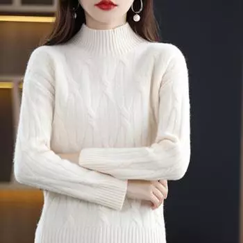 Осенне-зимняя модная трикотажная одежда с высоким воротом и жареным тестом, женский свитер с длинными рукавами M белый