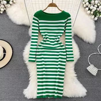 Осенне-зимняя модная юбка с контрастными цветами в полоску с длинными рукавами и запахом внизу, свитер, эластичное облегающее вязаное платье One Size бежевый